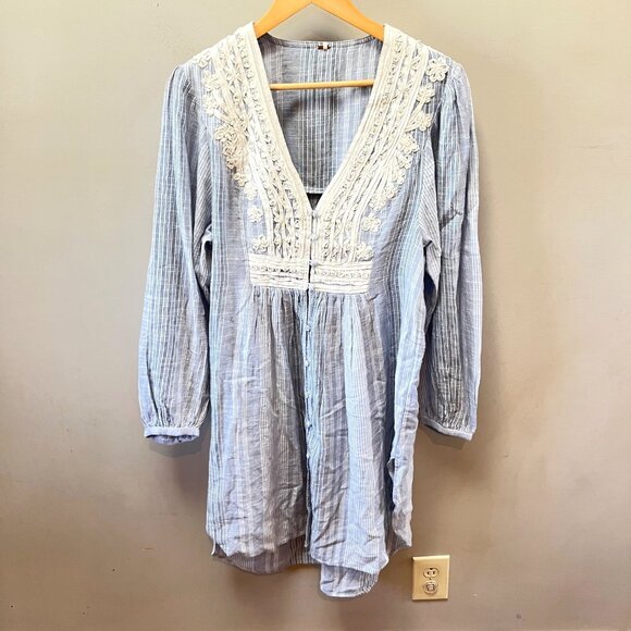NEW Free People Blue and White Striped Embroidered V-Neck‎ Dress- Size S - Picture 1 of 6